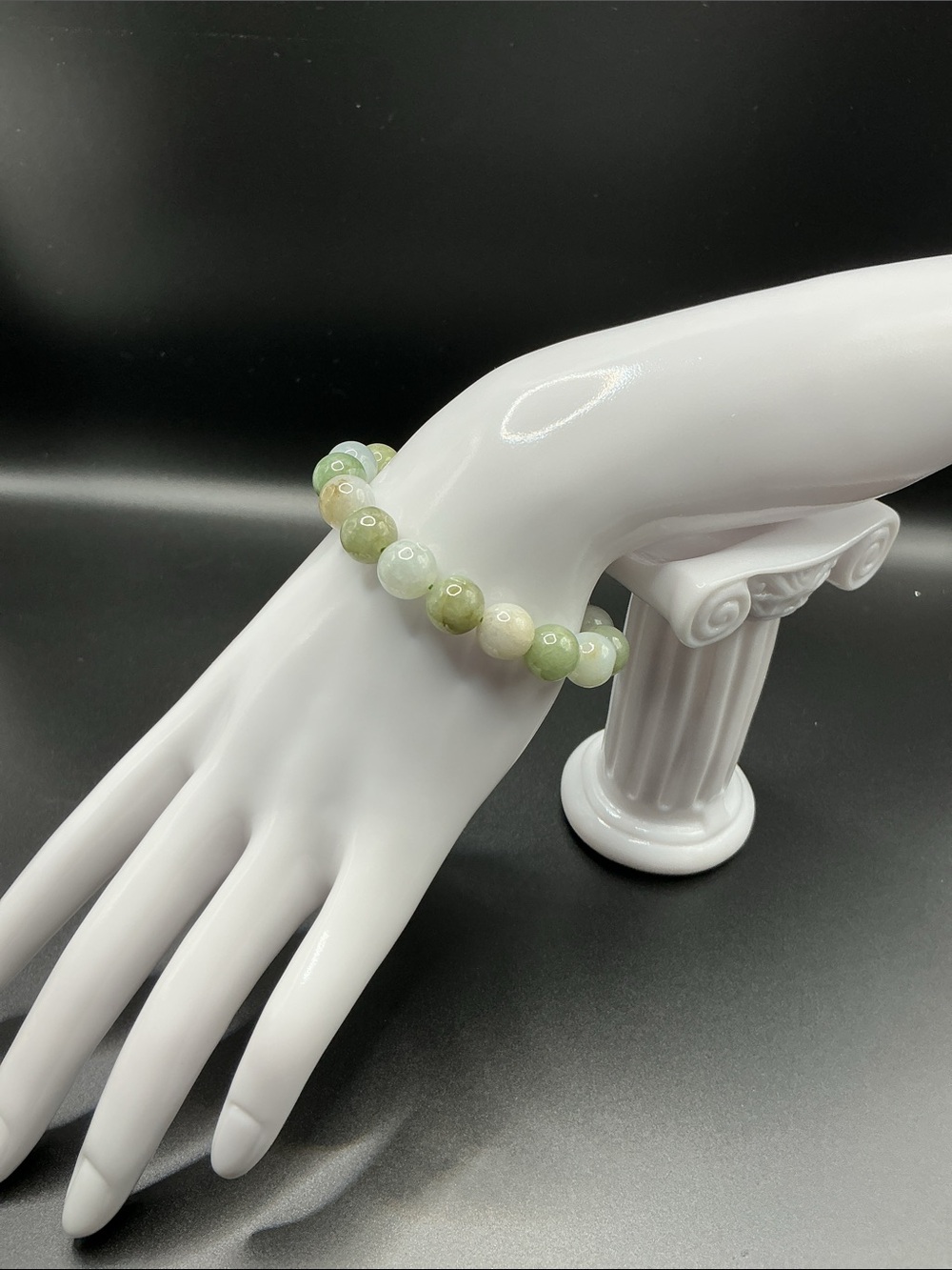 Natural Jade Bead Stretch Bracelet - Olive Green & Cream